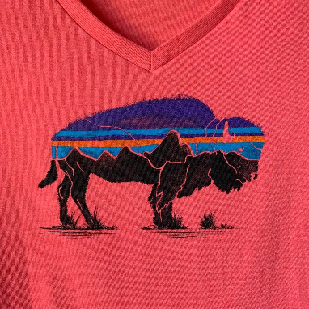 Patagonia Coral V-Neck Tee with Blue and Black Buffalo Graphic - Picture 5 of 10